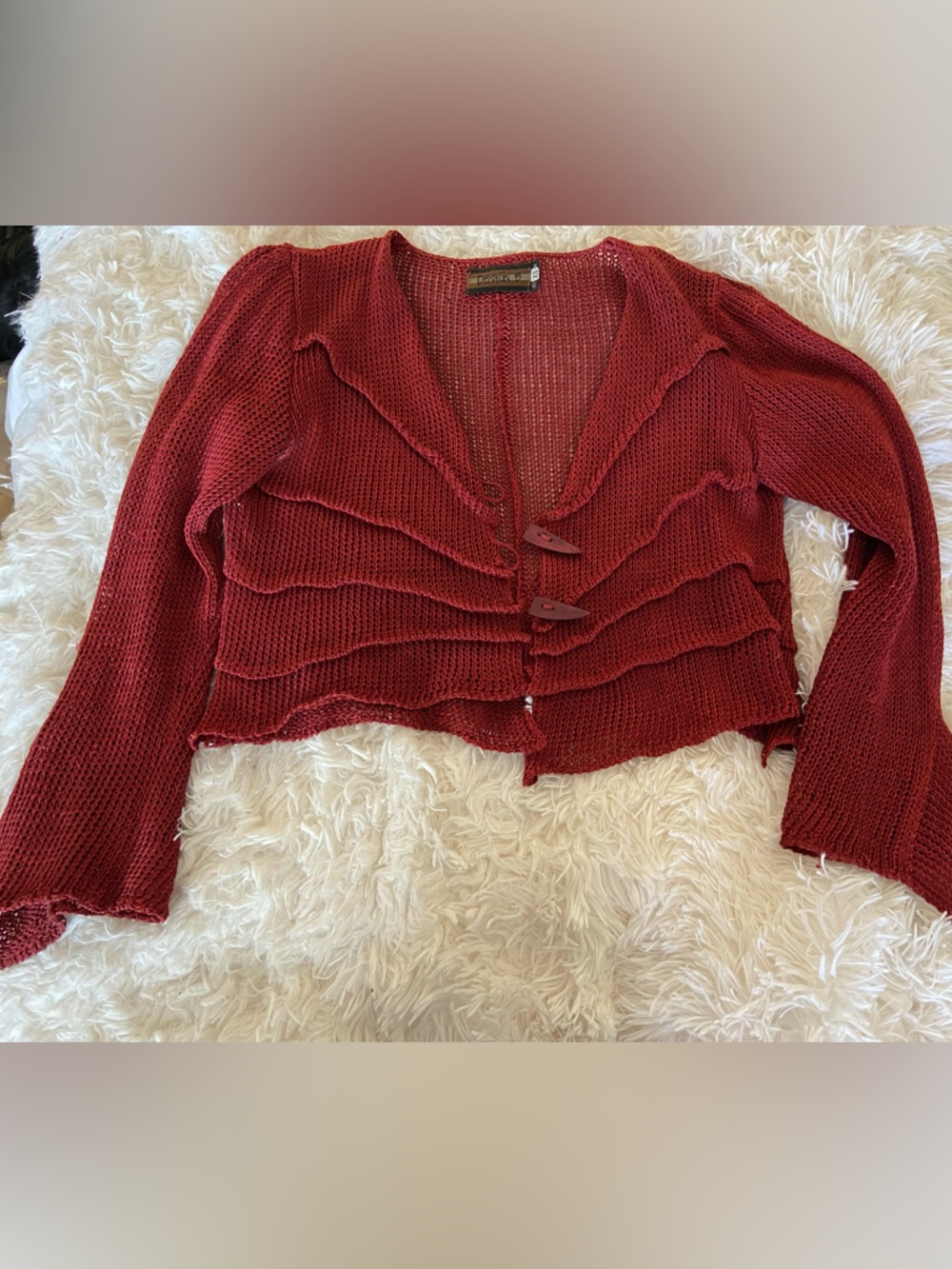 Ruffle-Trim Knit Cardigan Sweater - Burgundy